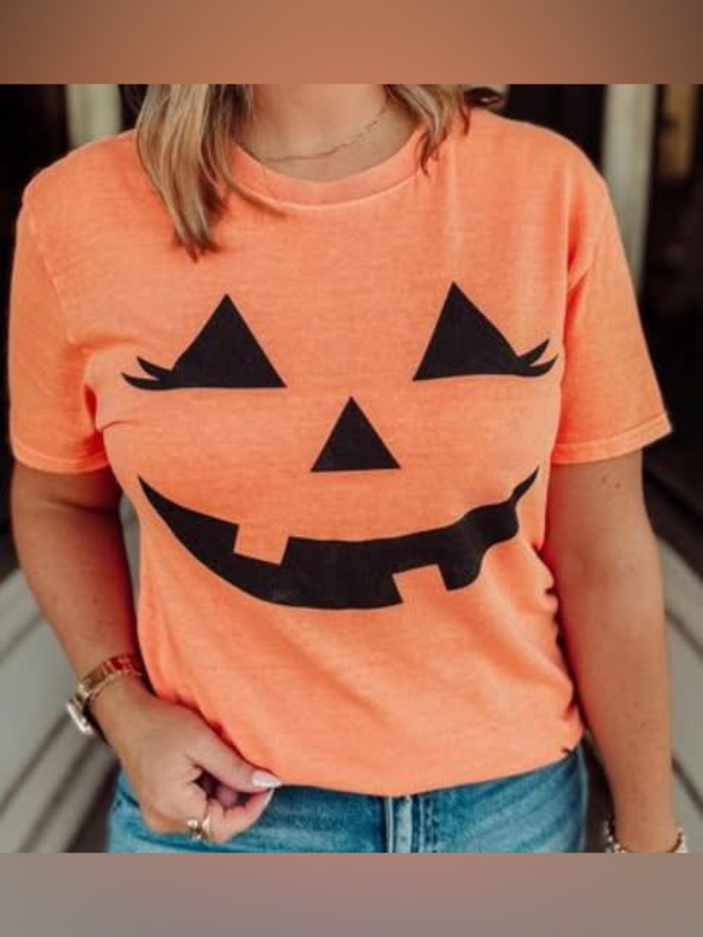 Orange Halloween Pumpkin Face Crewneck T-Shirt